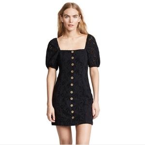 Free People dress size 0 black eyelet puffed sleeves square neck brown buttons.‌